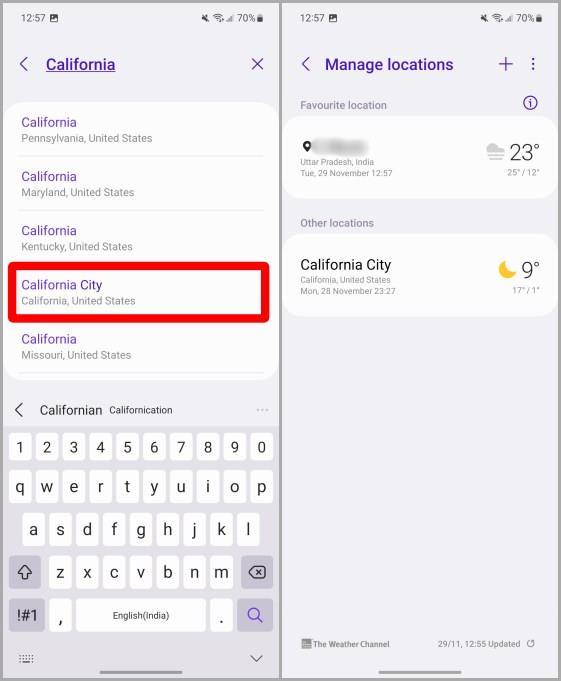 Samsung Galaxy 携帯電話のホーム画面で天気ウィジェットを管理する方法