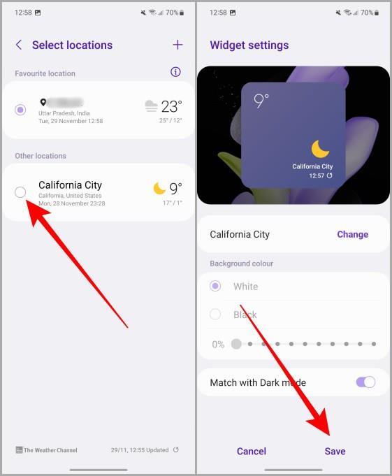 Samsung Galaxy 携帯電話のホーム画面で天気ウィジェットを管理する方法