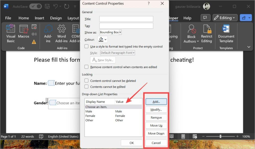 Microsoft Wordで入力可能なフォームを作成する方法