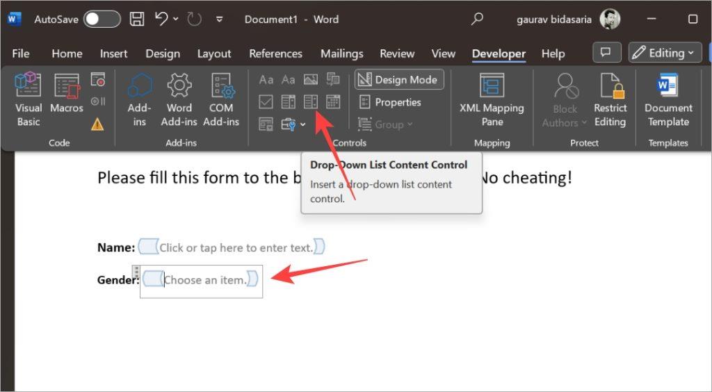 Microsoft Wordで入力可能なフォームを作成する方法