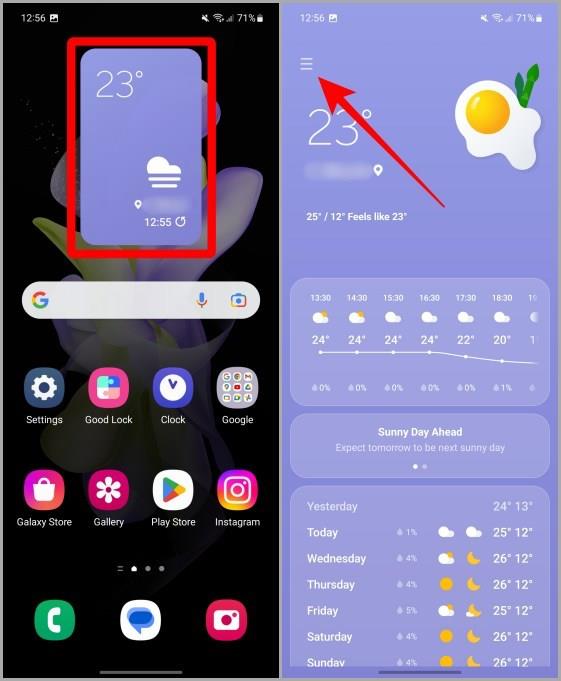 Samsung Galaxy 携帯電話のホーム画面で天気ウィジェットを管理する方法