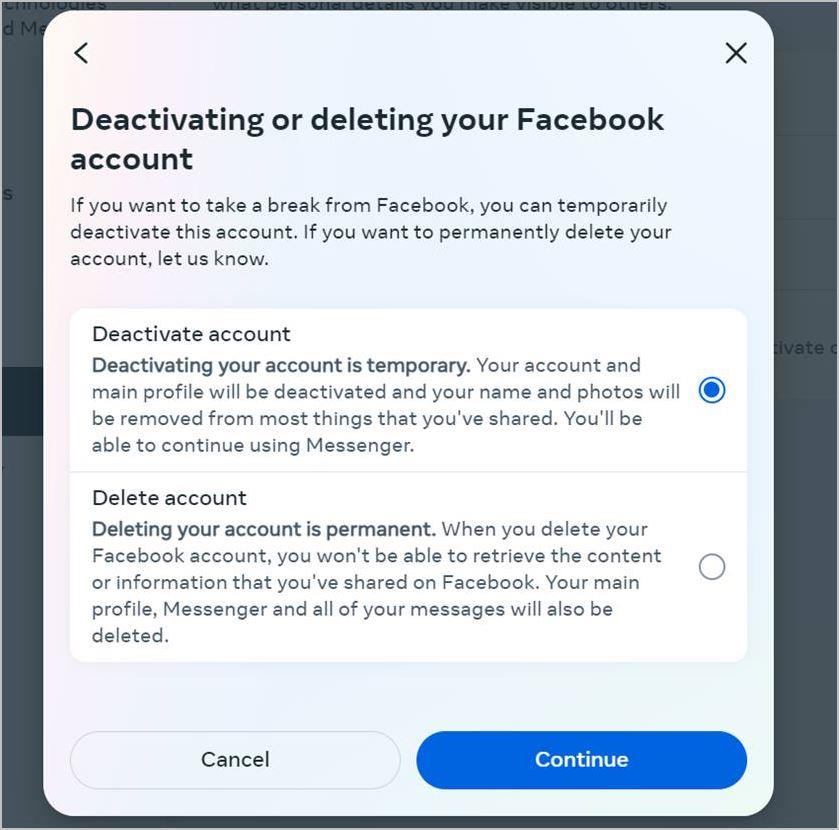 Facebook を削除または無効化するとどうなるか