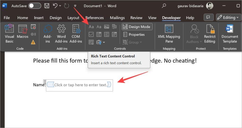 Microsoft Wordで入力可能なフォームを作成する方法