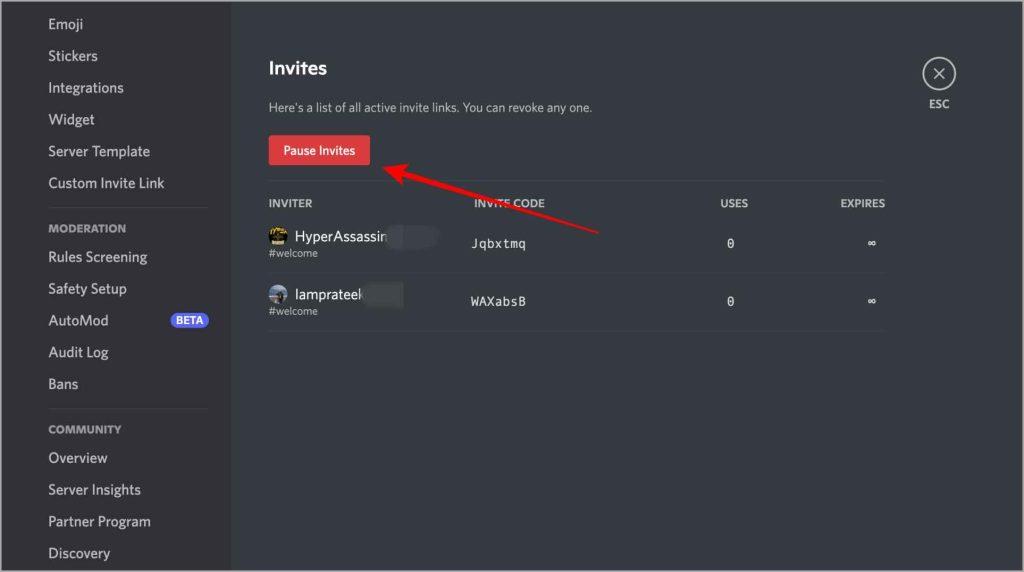 Discordで招待リンクを一時停止および無効にする方法