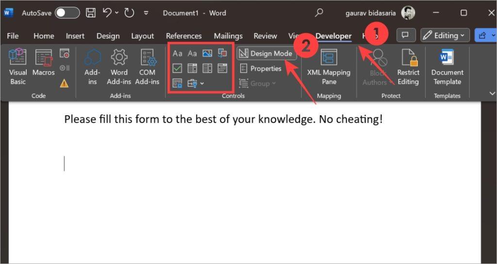 Microsoft Wordで入力可能なフォームを作成する方法