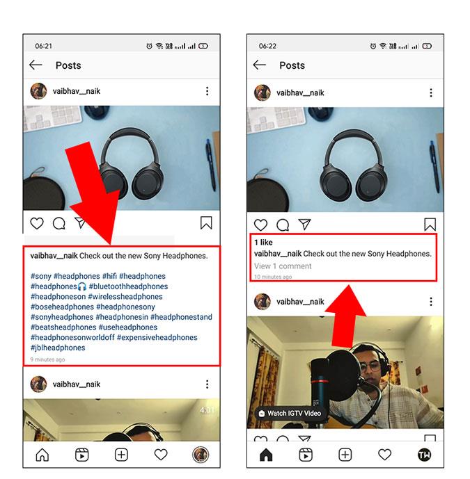 Instagramの投稿とストーリーからハッシュタグを非表示にする方法