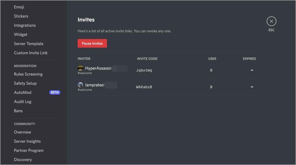 Discordで招待リンクを一時停止および無効にする方法