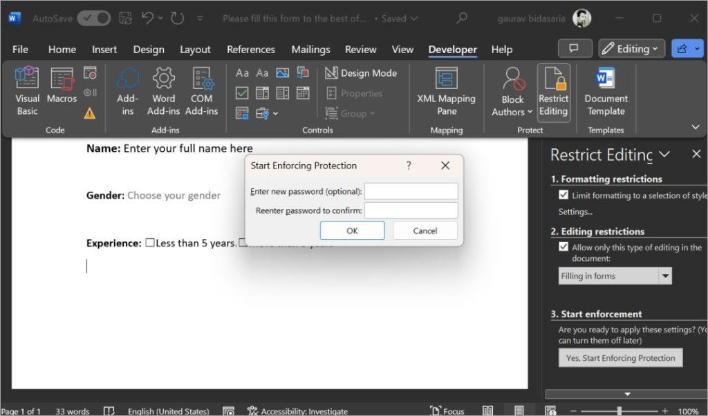 Microsoft Wordで入力可能なフォームを作成する方法