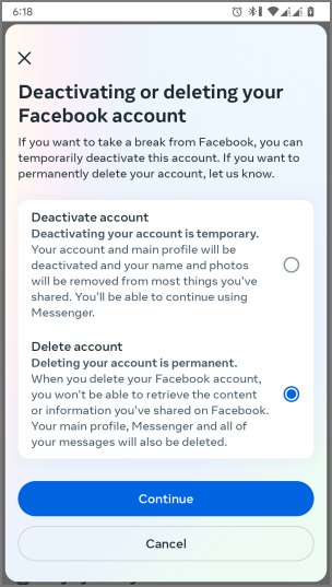 Facebook のログアウト、非アクティブ化、削除: いつ使用するか