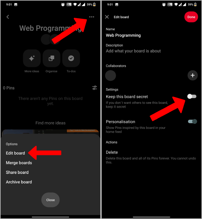 デスクトップとモバイルで Pinterest ボードを非公開にする方法