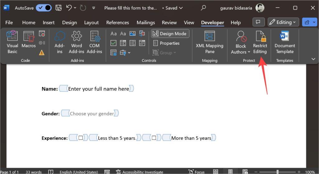 Microsoft Wordで入力可能なフォームを作成する方法