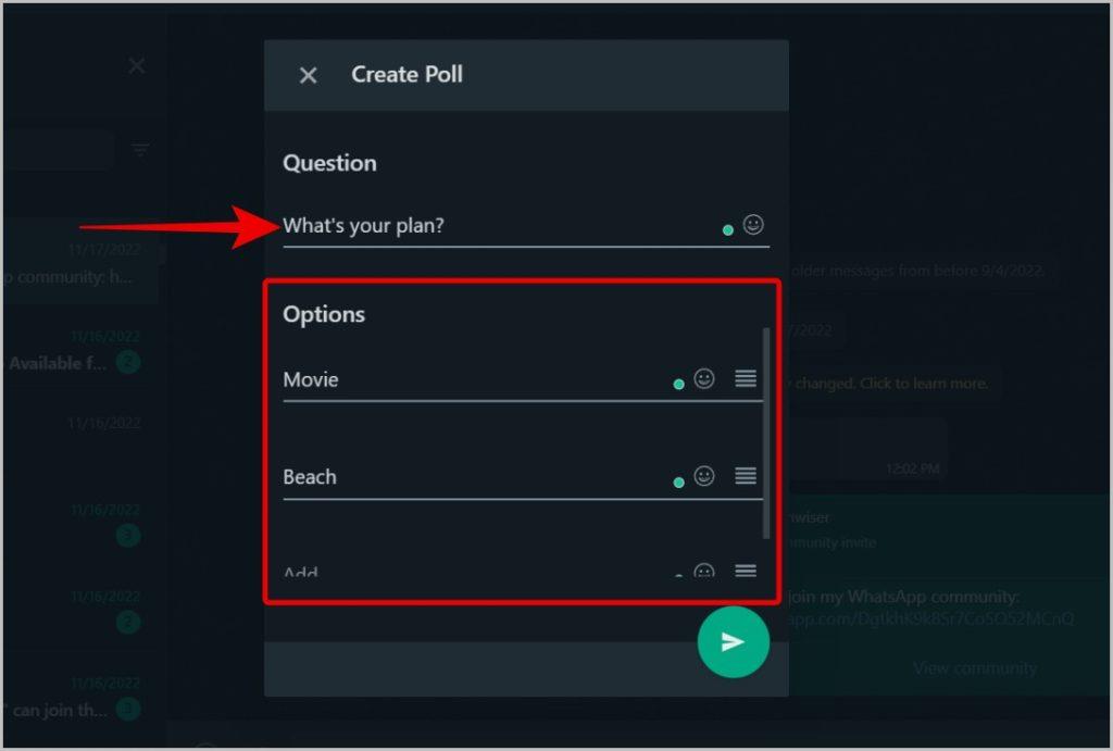 WhatsApp モバイル、デスクトップ、Web で投票を作成する方法