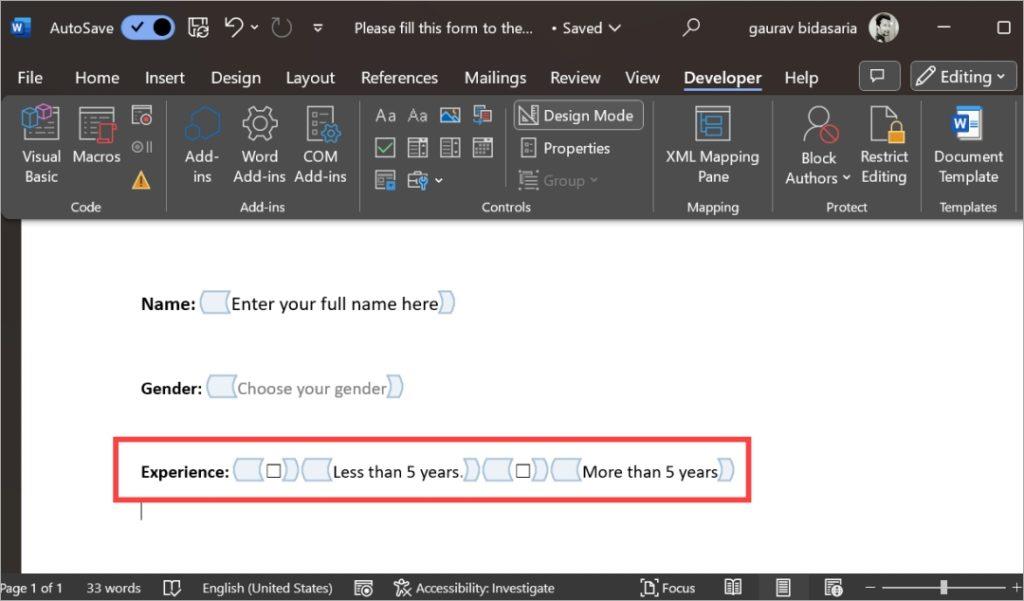 Microsoft Wordで入力可能なフォームを作成する方法