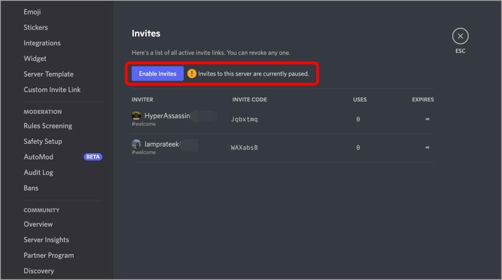 Discordで招待リンクを一時停止および無効にする方法