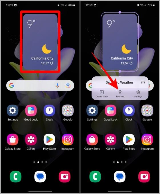 Samsung Galaxy 携帯電話のホーム画面で天気ウィジェットを管理する方法