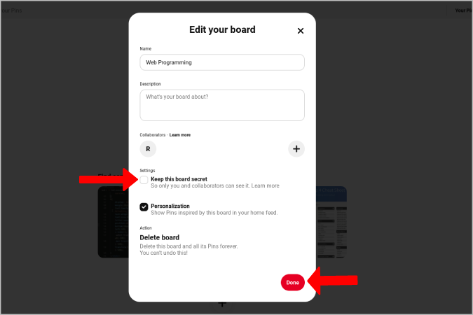 デスクトップとモバイルで Pinterest ボードを非公開にする方法
