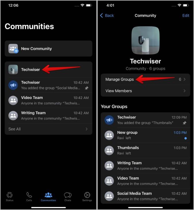 WhatsApp コミュニティにグループを追加または削除する方法