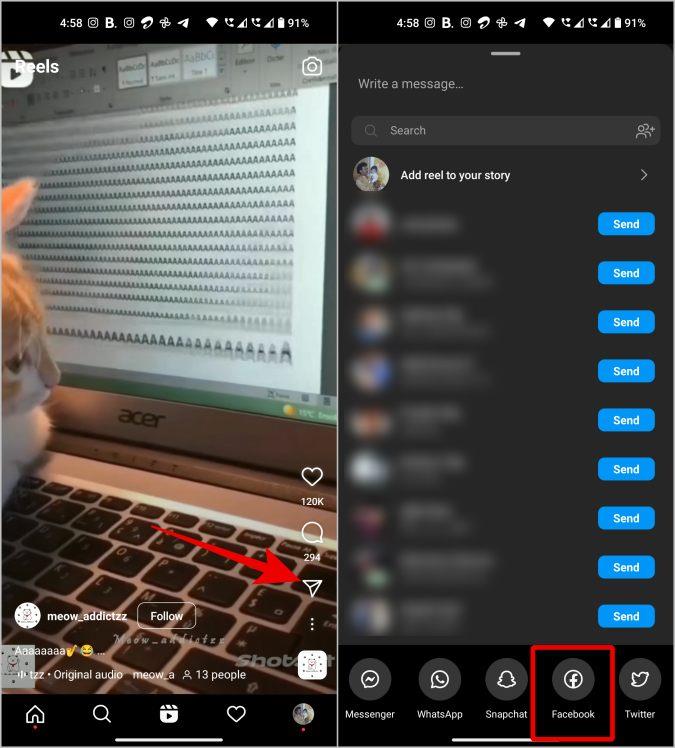 Instagram リールを Facebook、ページ、グループ、メッセンジャーで共有する方法