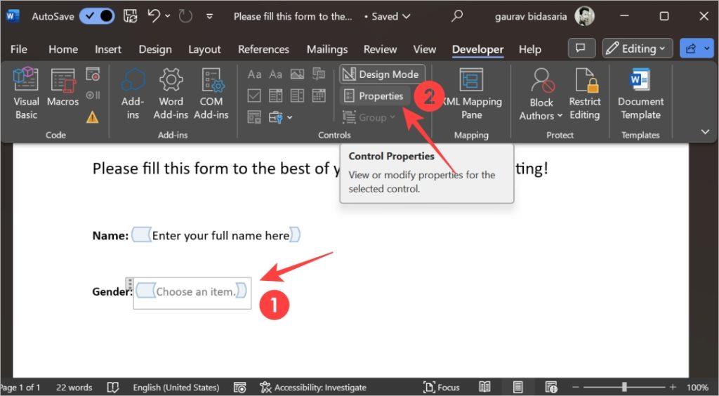 Microsoft Wordで入力可能なフォームを作成する方法