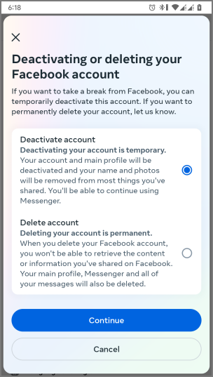 Facebook のログアウト、非アクティブ化、削除: いつ使用するか