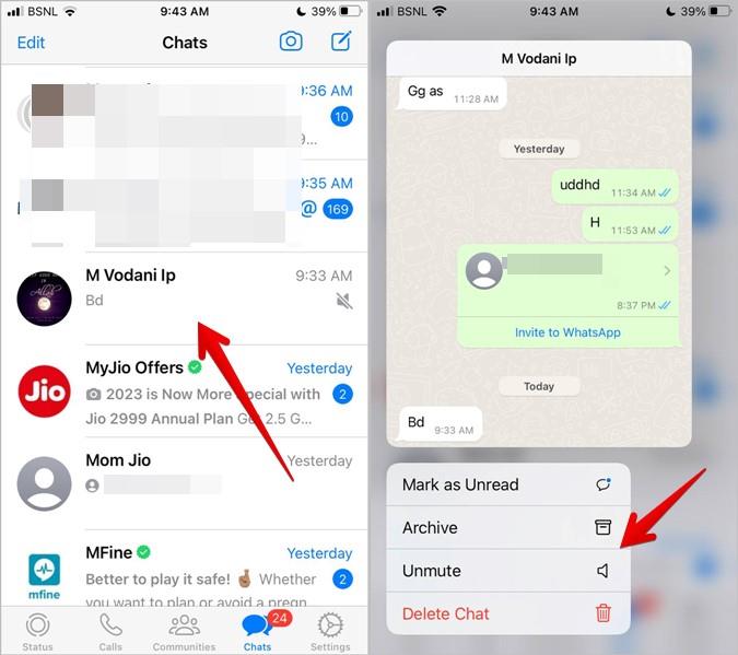 WhatsAppでチャット、ステータス、通話のミュートを解除する方法