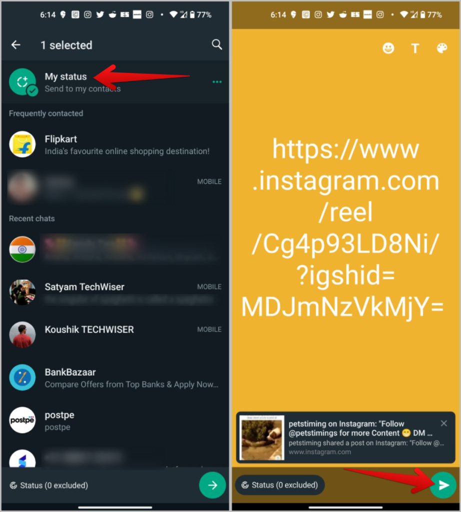 WhatsApp のチャット、グループ、ステータスで Instagram リールを共有する方法