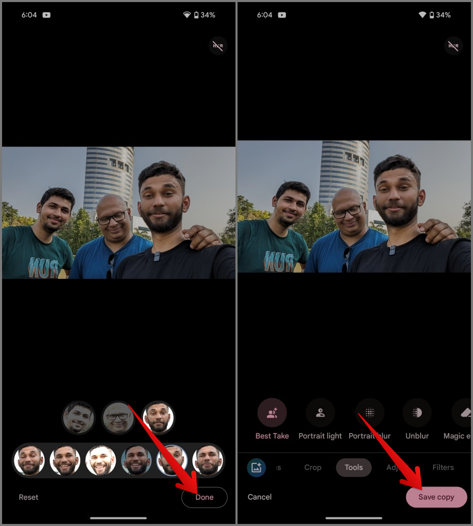 Pixel 8 スマートフォンの Google フォトでベスト テイクと顔を交換する方法