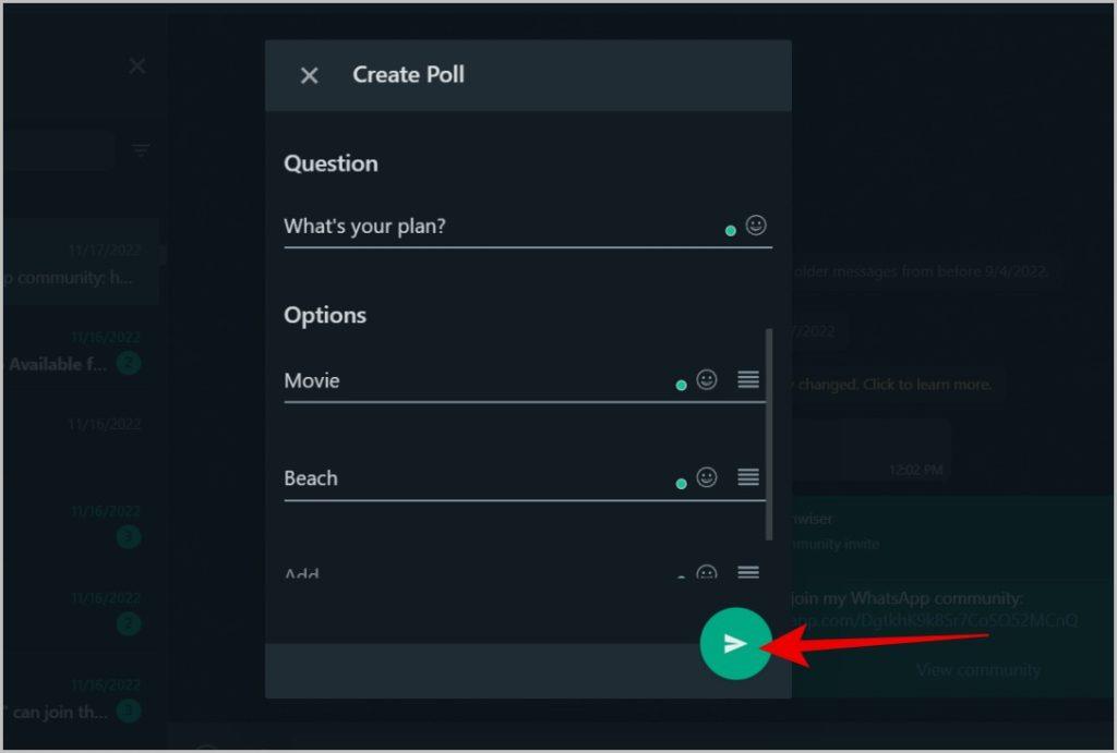 WhatsApp モバイル、デスクトップ、Web で投票を作成する方法
