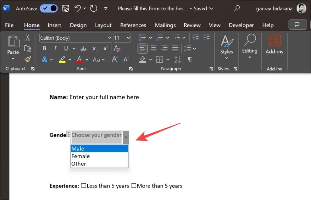 Microsoft Wordで入力可能なフォームを作成する方法