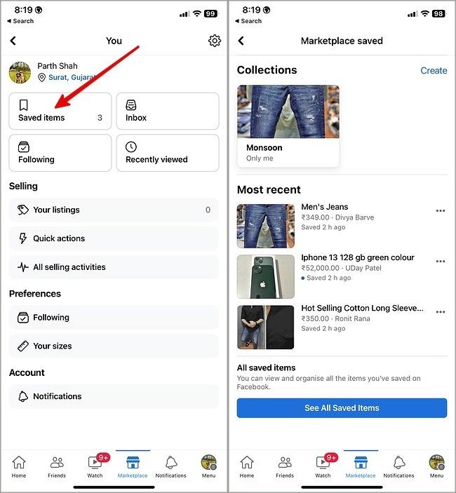 Facebook マーケットプレイスで保存したアイテムを確認する方法
